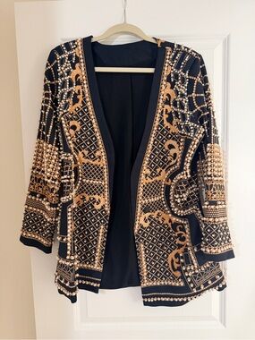 Embellished Black and Gold Open Front Women's Sweater Jacket
